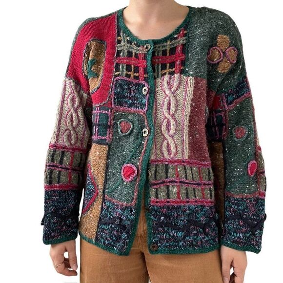 Vintage 90s Womens Express Hand Knit Ugly Sweater Wool Blend Cardigan Sz S - Picture 6 of 7